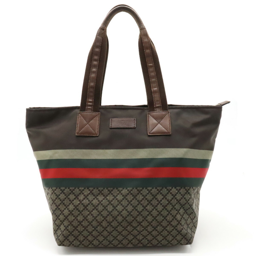 Gucci Brown Bag Sherry Line Leather Tote Green Diamante Red Nylon - Picture 2 of 8